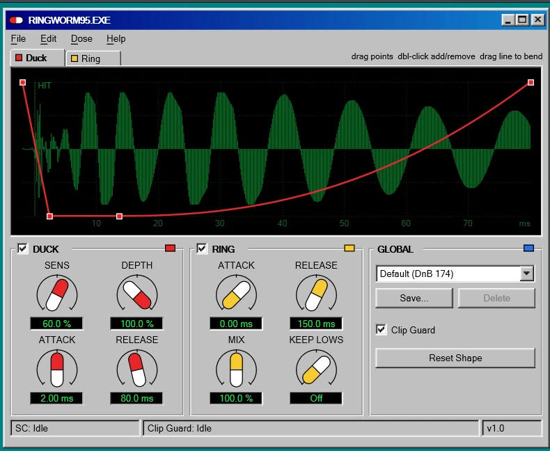 RingWorm95 Duck tab: a kick waveform with a red volume curve drawn over it