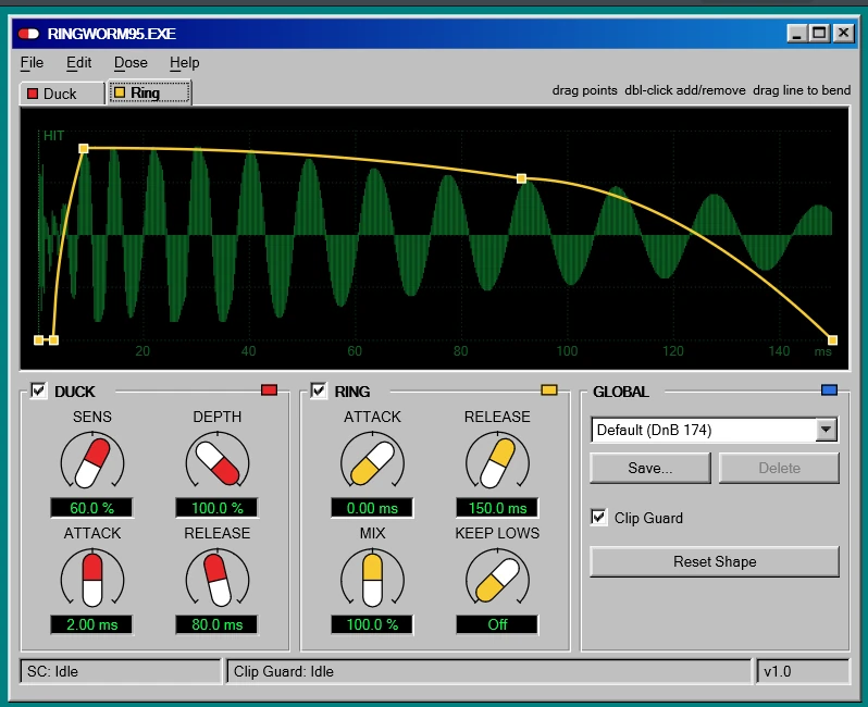 RingWorm95 Ring tab: a kick waveform with a yellow ring-mod curve drawn over it